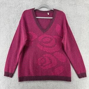 Soft Surroundings Rose Textured Pullover V-NeckSweater Women L Pink Striped